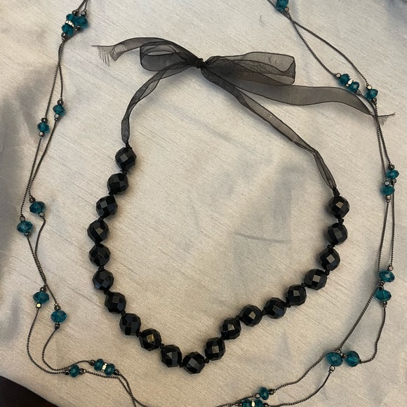 2 piece necklace LOT black beads with ribbon tie and other with teal beads - Picture 1 of 5